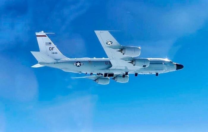 A USAF-operated RC-135V/W Rivet Joint is intercepted by a MiG-31 Foxhound on April 10, 2021.