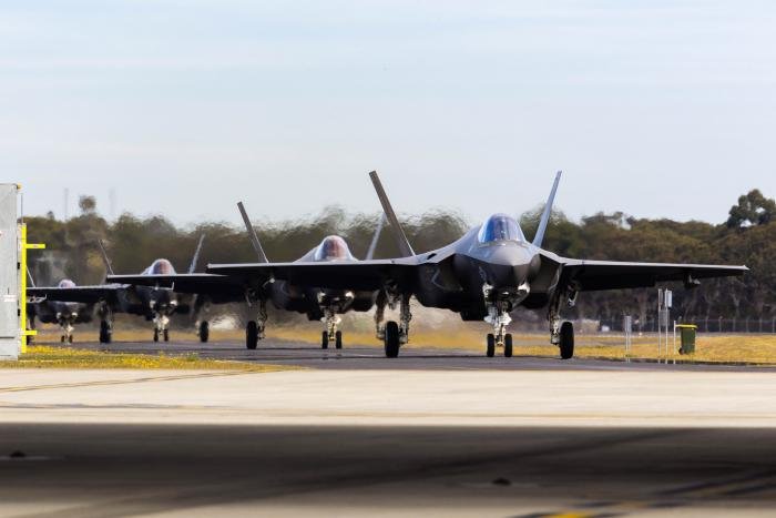 Four F-35C Lightning IIs from the USMC’s VMFA-314 ‘Black Knights’ taxi to the flightline after arriving at RAAF Base Williamtown in New South Wales, Australia, on June 22. The arrival of these F-35Cs in Australia marked the completion of the unit’s first trans-Pacific flight.