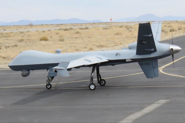 The RNLAF's second MQ-9A Block 5 Reaper UCAV (serial M-002) taxis out for a test flight in January 2022. The Netherlands aims to acquire eight MQ-9A Block 5s in total.