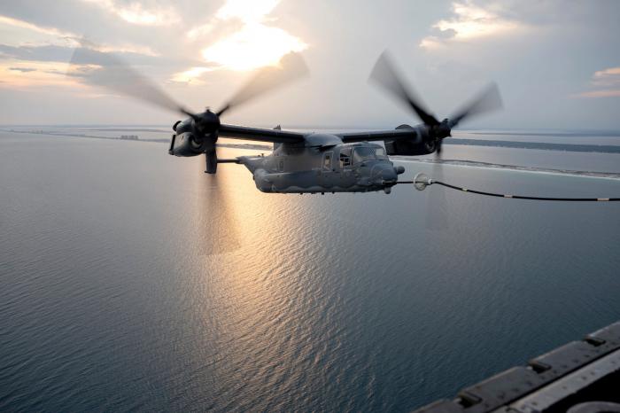 A CV-22B Osprey tiltrotor assigned to the 8th SOS 'Blackbirds' receives fuel from an MC-130J Commando II tanker-transport belonging to the 15th SOS over the Emerald Coast in Florida during Operational Centennial Contact on June 27. Both the 8th and 15th SOS are components of the 1st SOW at Hurlburt Field, Florida.