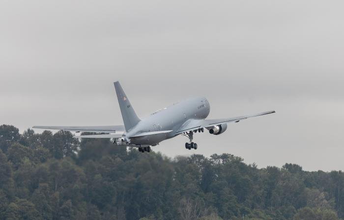 The first KC-46A Pegasus (serial 20-46081) for the USAF’s 60th AMW at Travis AFB, California, takes off from Boeing Field in Seattle, Washington, on its delivery flight on July 28.