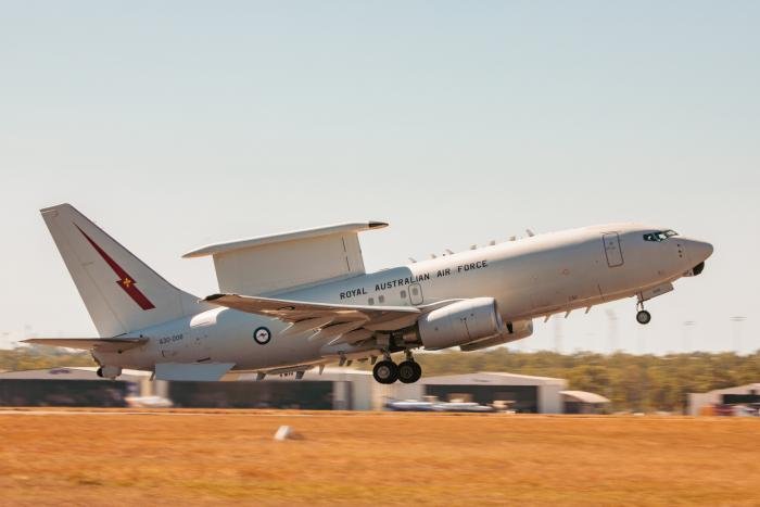 An E-7A Wedgetail (serial A30-006) assigned to the RAAF's No 2 Squadron takes off from RAAF Base Darwin in Australia's Northern Territory during Exercise Rogue Ambush 21-1 on June 21, 2021.