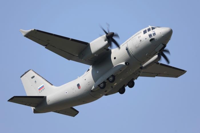The Slovenian Air Force's first C-27J Spartan (serial L2-01, which currently wears the Italian experimental test registration CSX62330) carries out a test flight from the Leonardo Flight Test Centre at Turin-Caselle Airport, Italy, on July 17.