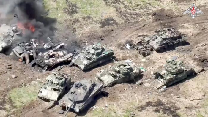 This still image taken from a Russian MOD video shows what are said to be a number of destroyed Ukrainian armoured vehicles – including several US-made M2 Bradley infantry fighting vehicles and at least one German-built Leopard 2 main battle tank – at an unidentified location in Ukraine’s southern Donetsk region on June 10. RuAF gunships, such as the Ka-52M, have thus far proved problematic for Ukrainian armour during the nation’s ongoing counteroffensive.