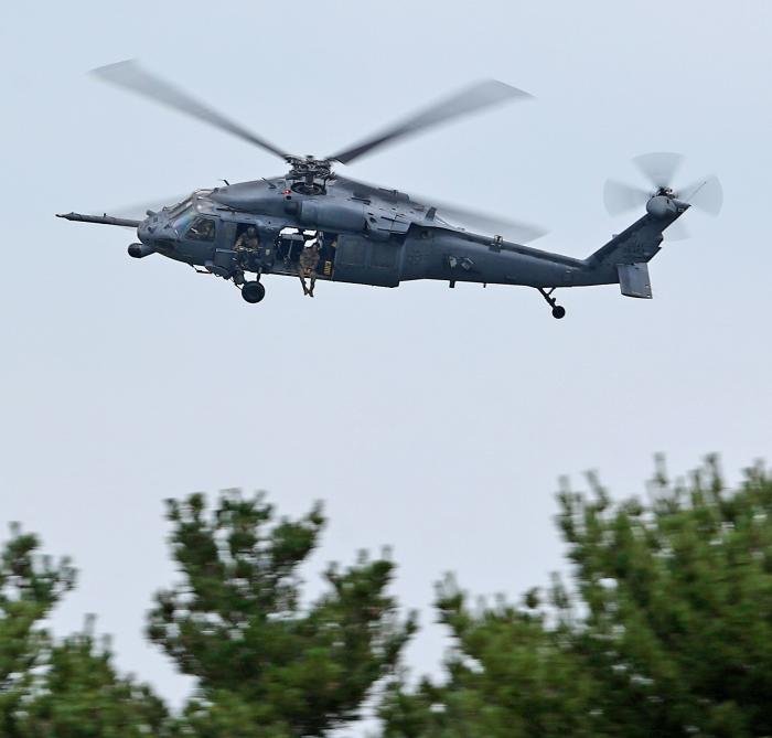The HH-60G turns above Wright-Patterson AFB prior to touching down for the final time.