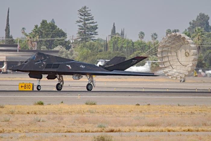 F-117A (84-0811/TR) trailing its drag chute after landing at Fresno, CA after working with the 144th FW.
