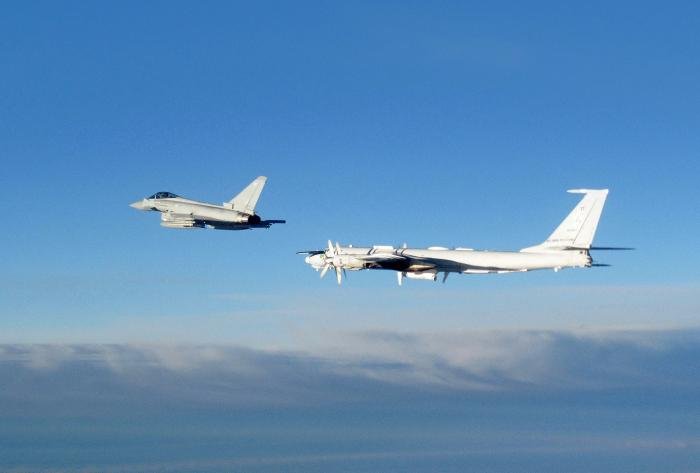 Typhoon FGR4 (ZK337/337) from the RAF’s No II(AC) Squadron shadows a Russian Navy Tu-142MRM Bear-J (RF-34073/’17 Red’) as it transited north of the Shetland Islands on August 14. The Typhoons were scrambled from RAF Lossiemouth in Moray, Scotland, to monitor the two Tu-142s as they passed north of the UK.