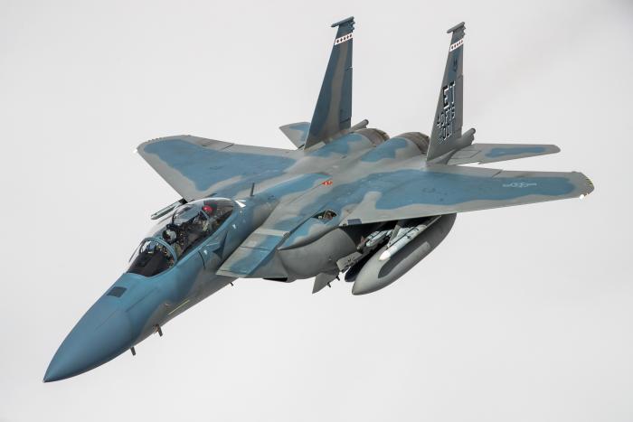 An F-15EX Eagle II (20-0001) from the USAF's 40th Flight Test Squadron - a component of the 96th Test Wing at Eglin AFB, Florida - is seen positioning itself behind a tanker during air-to-air refueling operations over northern California on May 14, 2021.