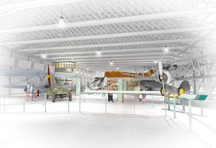 An artist’s impression of the ‘Higher, Faster, Further’ gallery, with the Hawker Hart to the left, the Sopwith Snipe on the right, and the Supermarine Southampton hull in the background.
