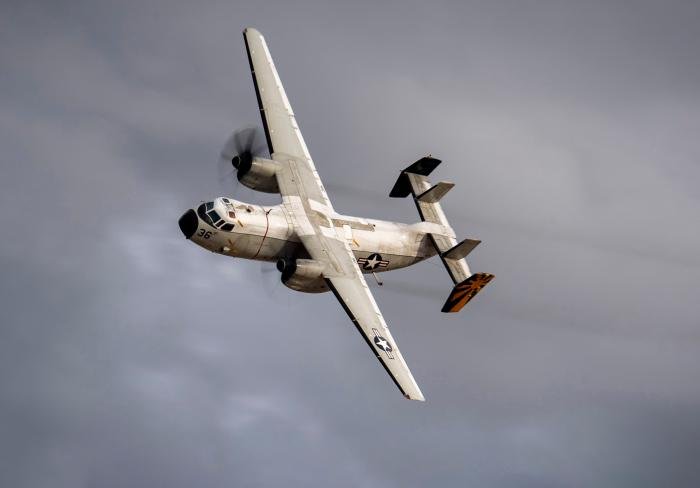 Grumman C-2A Greyhound (BuNo 162178/36) conducts a flyover of NAS North Island's Halsey Field in California during VRC-30's final official flight on September 20. The 'Providers' operated the C-2A in support of the Navy's COD mission since 1981.