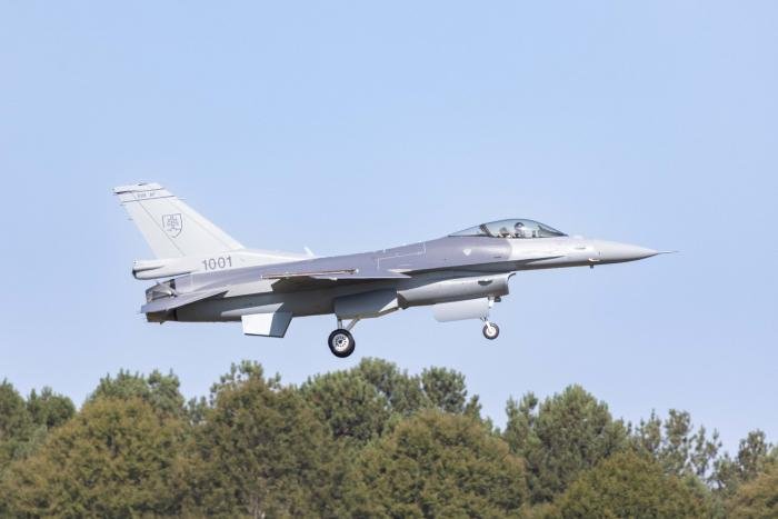 Slovakia's first F-16C Block 70 Fighting Falcon (1001) comes into land after completing its maiden flight from Lockheed Martin's production facility in Greenville, South Carolina, on September 29.