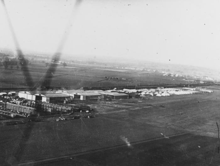 An aerial view shows part of the hangars and a building at the end of the camp toward Eastleigh, England.