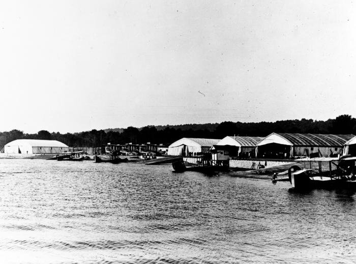 A Curtiss HS‑1L flying boat based at NAS Moutchic, France, in 1918. From here, waters off the French coast were protected against German submarines. American naval personnel operated H‑series flying boats from this base and were also trained by French instructors.