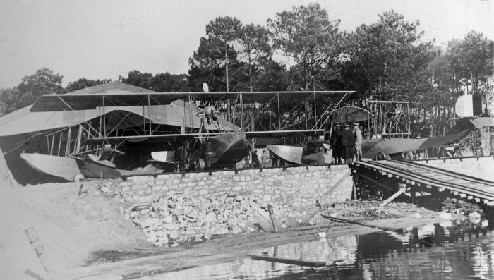 A Franco–British airplane (FBA) flying boat located at NAS Moutchic, France. Note the ramp used to haul a plane into and from the water.