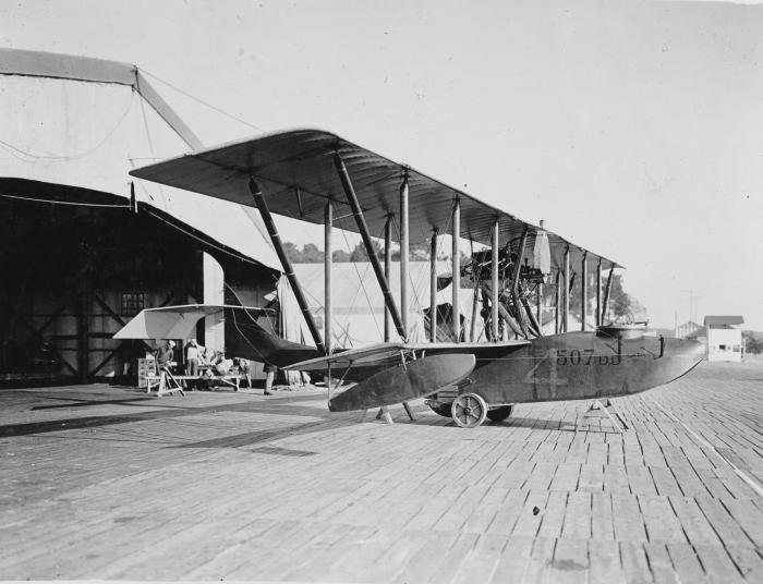 The Donnet‑Donhaut (DD‑8) French flying boat at Moutchic, 1917–19. These were used by the US Navy for patrol operations along the coast of France in World War One.
