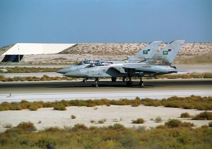 Two Tornado ADVs of the 29th Squadron conduct a pairs take-off at Dhahran in 1996.