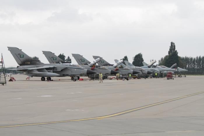 The RSAF Tornado IDS fleet has been adopting a grey scheme in place of the desert camouflage.  These Tornados and Typhoons are lined up at RAF Coningsby during Exercise Saudi British Green Flag in September 2013.