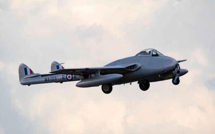 een here displaying at Duxford in September 2022, the Norwegian Air Historic Flight marked up its Vampire FB.52 (LN-DHY) as WA123/R-A – a 94 Squadron example based at Celle in 1957 - for filming work