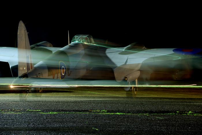 An apparition? Tony Agar’s incredible Mosquito NF.II HJ711 – seen here taxiing into the night at its East Kirkby home – has also been involved in the production KEY-Jamie Ewan