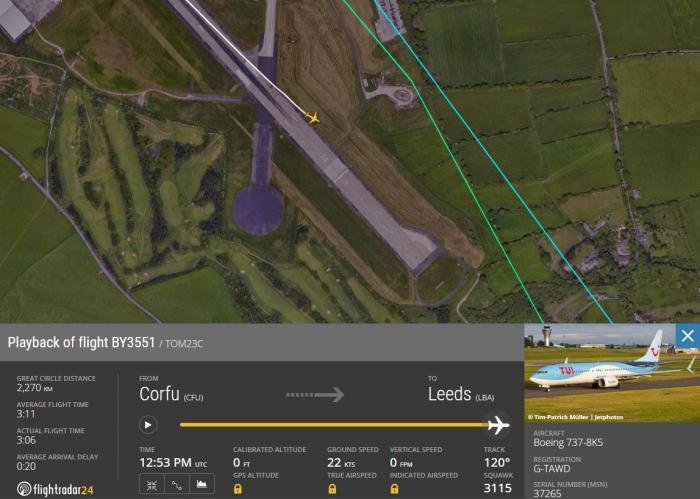 The aircraft's Flightradar24 track shows it positioned slightly to the left of the runway.
