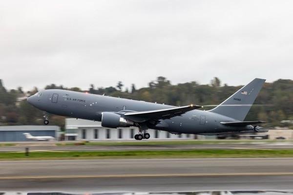One of the three KC-46A Pegasus tankers to be delivered to the USAF on October 20 is seen departing Boeing's production facility at King County International Airport (otherwise known as Boeing Field) in Seattle, Washington.