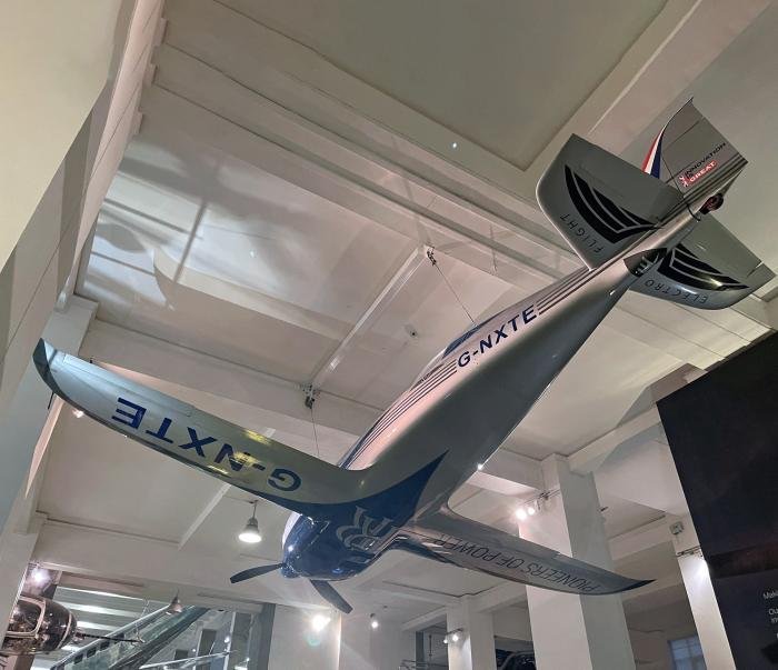 The heavily modified Nemesis NXT Spirit of Innovation, suspended from the ceiling in the Making the Modern World exhibition hall at the Science Museum on 21 November.