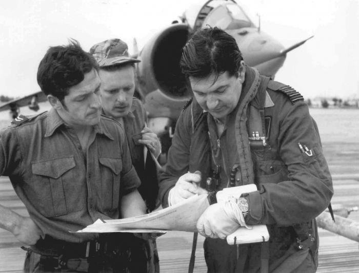 George Black (right) signs a Harrier GR1 back to its groundcrew following a sortie from Wildenrath during his time as station commander there.