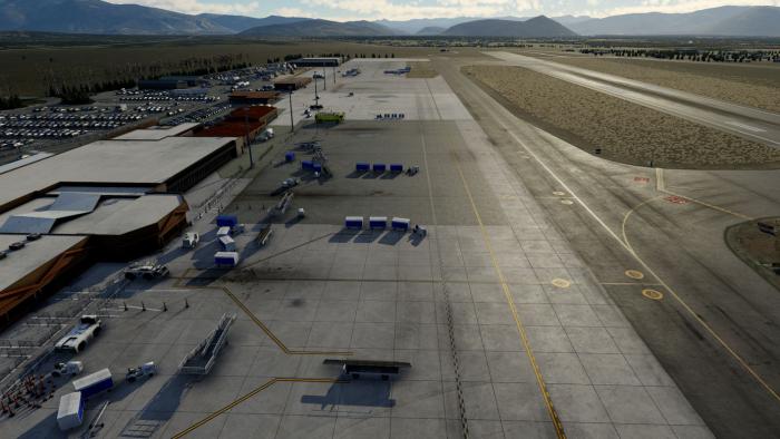 The apron and airport buildings are recreated in detail.