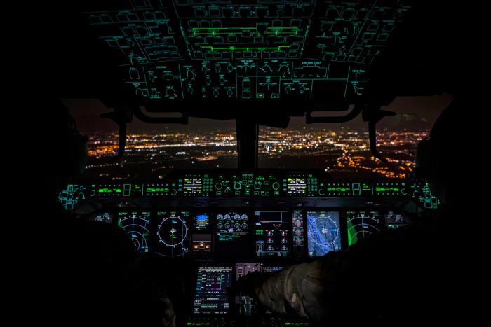 The cockpit of an RAF A400M flying into Morocco to deliver aid following an earthquake.