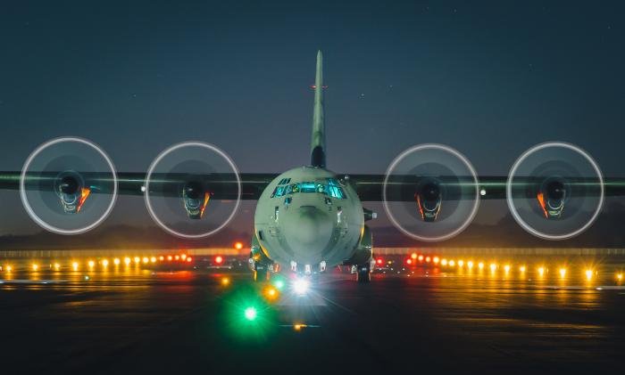 Lockheed Martin C-130J Hercules, ZH867, flying as Striker 37, crewed by 47 Squadron with members of 47 Air Despatch Squadron on-board lining up for departure at RAF Brize Norton.  The sortie involved night vision goggle (NVG) low flying, lights-out approaches and landings, and air-dropped light stores onto Abingdon drop zone.