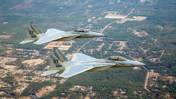 The USAF’s second and third F-15EX Eagle II (20-0003/ET and 20-0004/OT) arrive together in formation at Eglin AFB, Florida, on December 20, 2023.