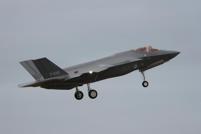 The first F-35A Lightning II fifth-generation multi-role stealth fighter for the Royal Netherlands Air Force’s (RNLAF’s) No 312 Squadron is seen on final approach before landing at Leeuwarden Air Base in the Netherlands on January 11, 2024.