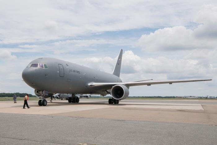 A USAF-operated KC-46A Pegasus tanker from the 344th Air Refueling Squadron rests on the flightline at Dover AFB in Delaware on June 25, 2019.