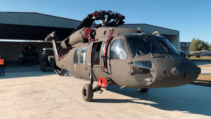 This video screengrab shows one of the Albanian Air Force’s first two ex-US Army UH-60A Black Hawks (FA-690, formerly believed to be 82-23690) following its delivery to Rinas Air Base, Albania, on January 13.