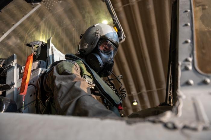 A 25th Fighter Squadron pilot wearing specialised personal protective equipment in an A-10C Thunderbolt II while participating in a next generation aircrew protection (NGAP) evaluation at Osan Air Base. Pacific Air Forces NGAP team members were slated to validate every installation within the major command and ultimately establish standardised counter-chemical warfare aircrew protection measures.