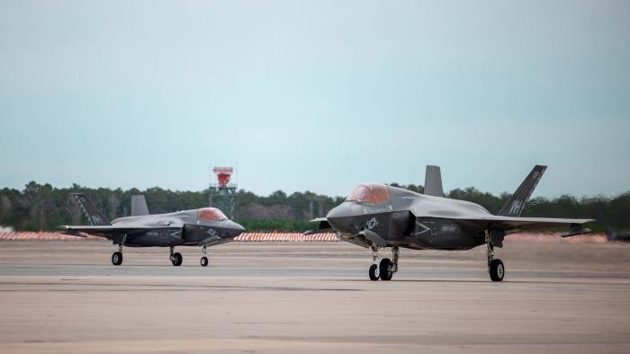 A pair of F-35Bs assigned to VMFA-542 'Tigers' - the USMC's first operational East Coast Lightning II unit - taxi back to the flightline at MCAS Cherry Point, North Carolina, after completing a local training sortie on December 28, 2023.