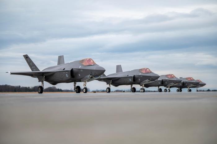 Five USAF-operated F-35A Lightning IIs assigned to the 158th Fighter Wing's (FW's) 134th Fighter Squadron (FS) 'Yellow Scorpions' - a component of the Vermont Air National Guard (ANG) - line up prior to taking off from South Burlington ANGB, Vermont, on March 2, 2024.