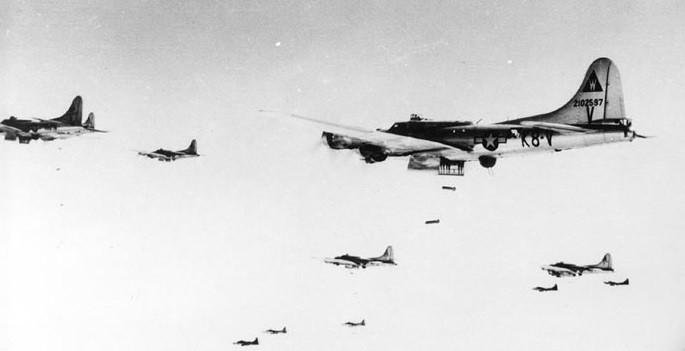 Boeing B-17G Flying Fortresses from the 602nd Bomber Squadron during a mission.
