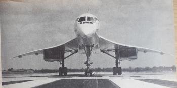 A droop-nosed Concorde lines up ready for take-off at Fairford. Below, a take-off from Heathrow. Note the small, twin-wheeled tail bumper beneath the rear fuselage.