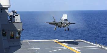 A USMC F-35B landing on IS Izumo