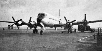 B.O.A.C.'s first DC-7C, taken at London Airport immediately after its arrival on October 31, the additional centre-section span can clearly be seen in this frontal view.  Photographs copyright “The Aeroplane”
