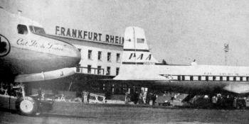 TOURIST TERMINAL – Pan American's tourist class DC-6B "Liberty Bell" at Frankfurt Airport. “Aeroplane” photograph