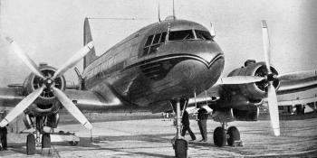 HISTORY MAKER. – The first aeroplane of post-war Russian design to land in England, C.S.A.’s Ilyushin IL-12, is seen here at Northolt a few minutes after its historic arrival. “Aeroplane” photograph