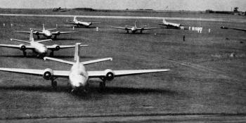 Start of the tour – No. 139 Squadron Canberras taxi-ing for take-off at RAF Hemswell on August 9.