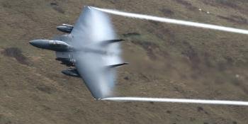 A 336th Fighter Squadron F-15E Strike Eagle undertaking low-level training in the Mach Loop. All photos Dino Carrara