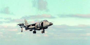 The two British aircraft carriers initially embarked 18 BAe Sea Harrier FRS.1s: 12 SHARs from 800 NAS were aboard HMS Hermes, with eight others from 801 NAS on HMS Invincible. Two years after the war a pair of 801 Squadron SHARs are pictured coming aboard the USS Dwight D Eisenhower (CVN-69). US Navy