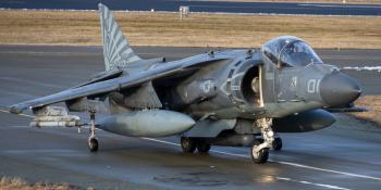 The specially-marked AV-8B of VMA-223’s squadron commander taxies in at Bodø Main Air Station on March 3 after touching down in Norway to participate in Exercise Cold Response 2022. US Marine Corps/Cpl Adam Henke