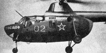 Points of interest on this Mil Mi 1T, in which the author made his flight at Tushino aerodrome, include the under-boom aerials for the radio altimeter and the small adjustable stabilizer. Photographs copyright “The Aeroplane”