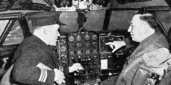 A tidy and relatively simple control cabin layout is especially essential in the case of a jet transport, in which, at critical stages of a flight, a great deal must be done in a short time. This more restful occasion in the Comet's control cabin was pictured while Capt. A. M. A. Majendie, M.A., was pointing out the features to Lord Ogmore, lately Minister of Civil Aviation. Capt. Majendie has done a greater part of the flying and operational development work for the Comet Unit. ‘Aeroplane’ photograph