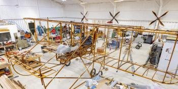 The Maurice Farman S7 Longhorn reproduction, being built for a private owner, dominates the Flying Restorations hangar. The DH2 and DH53 are visible at rear. All photos Darren Harbar